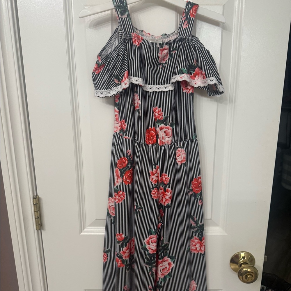 Floral Off the Shoulder Striped Jumpsuit with Ruffle Detail